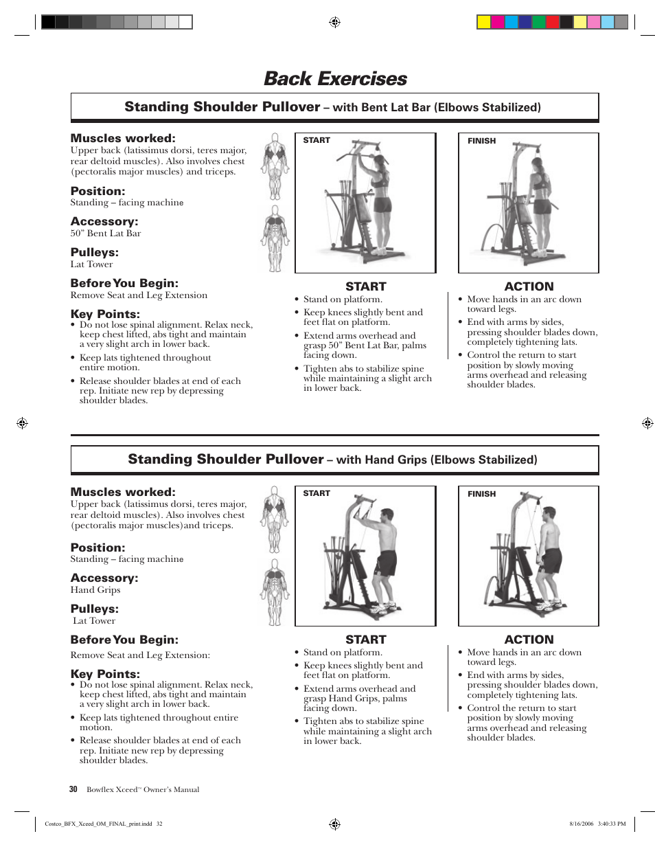 Back exercises, Standing shoulder pullover | Bowflex Xceed User Manual | Page 32 / 84