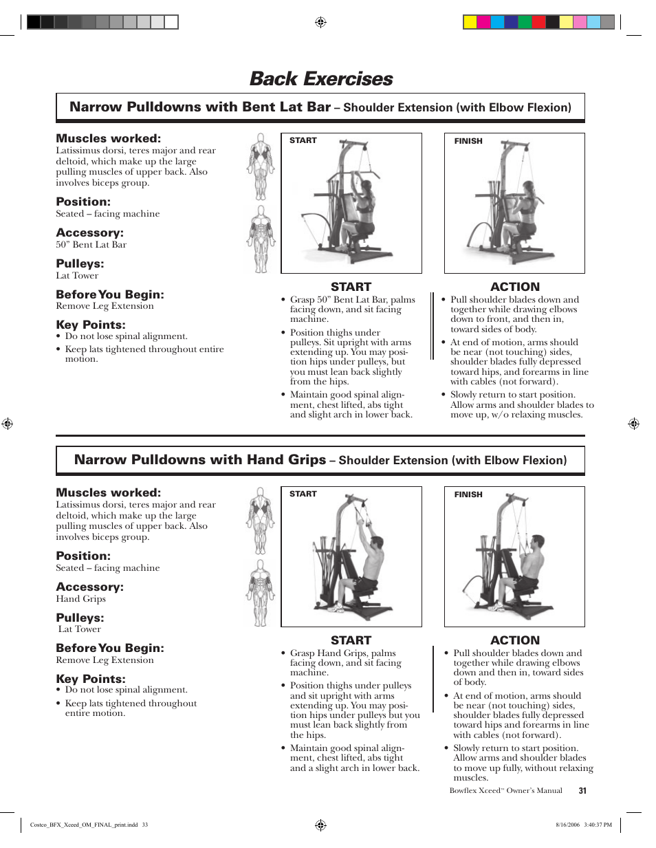 Back exercises, Narrow pulldowns with bent lat bar, Narrow pulldowns with hand grips | Bowflex Xceed User Manual | Page 33 / 84