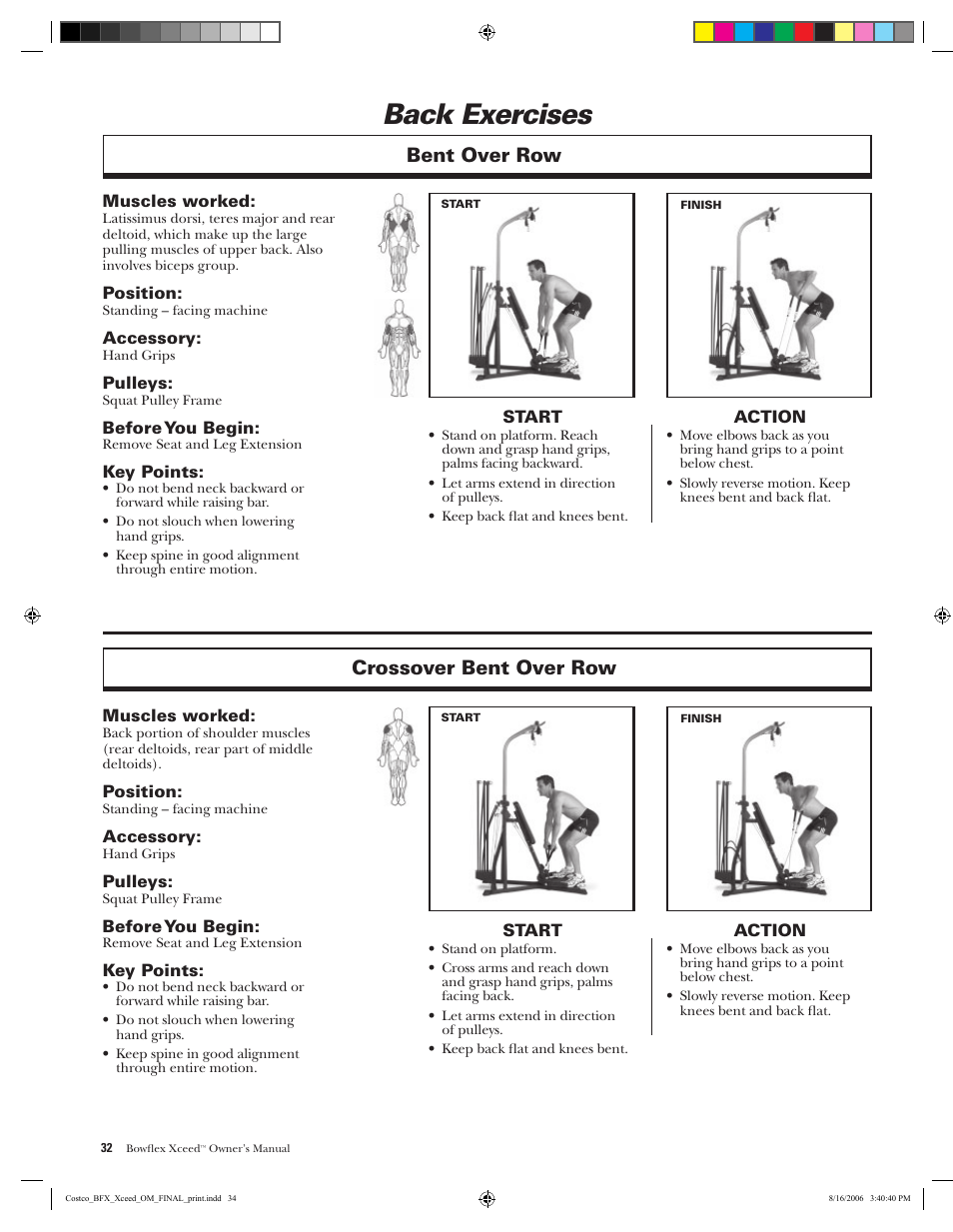 Back exercises, Bent over row, Crossover bent over row | Bowflex Xceed User Manual | Page 34 / 84