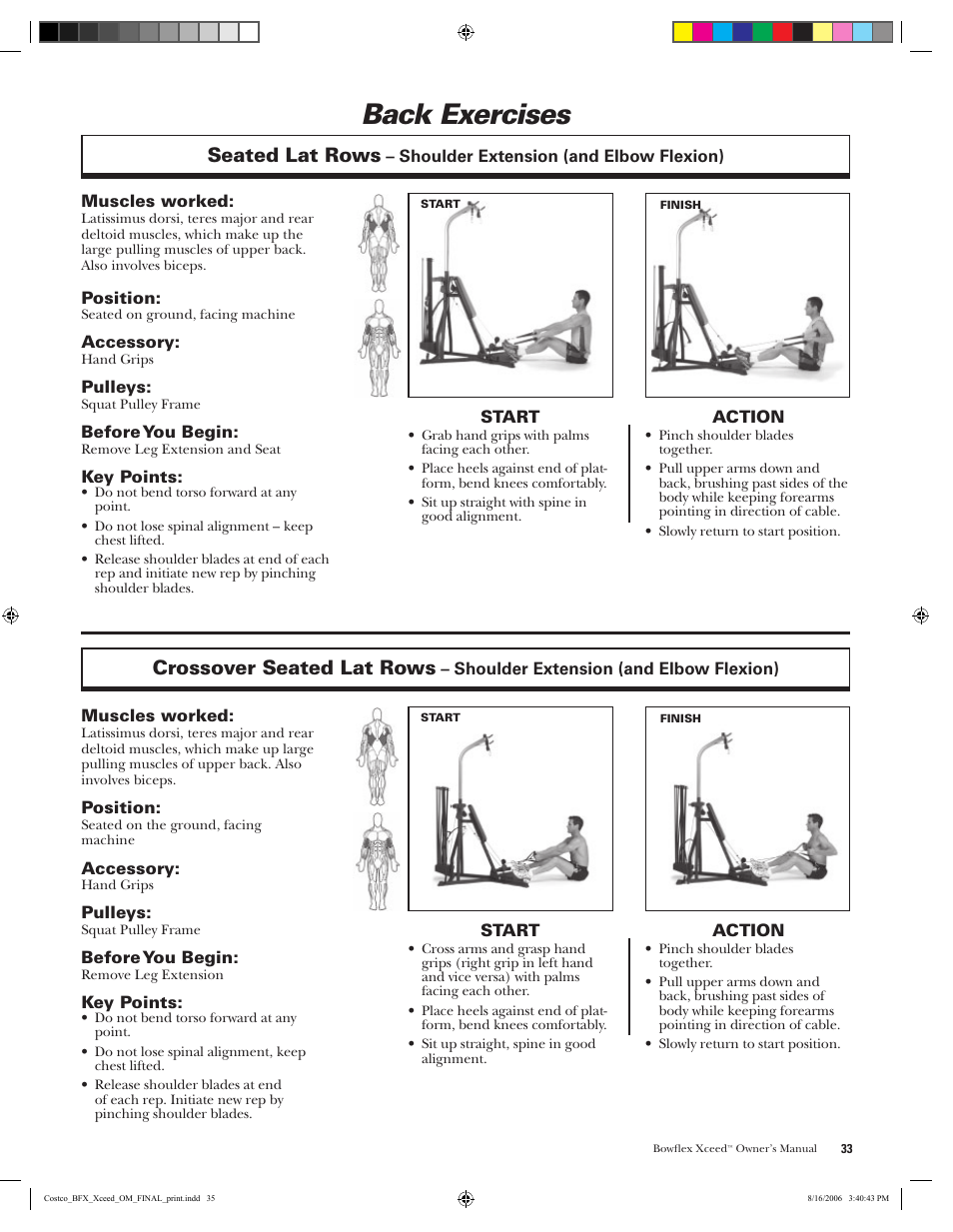 Back exercises, Seated lat rows, Crossover seated lat rows | Bowflex Xceed User Manual | Page 35 / 84