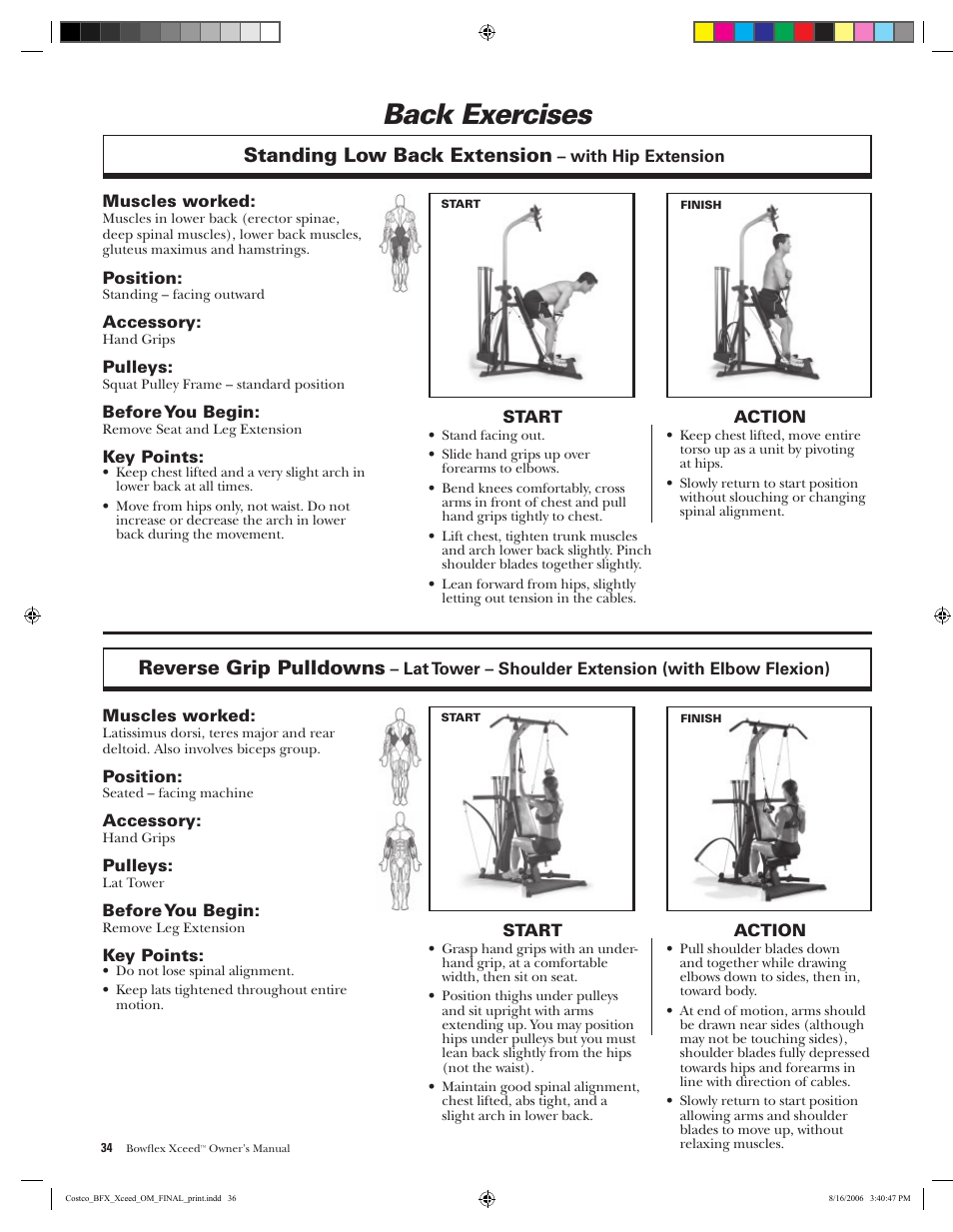 Back exercises, Standing low back extension, Reverse grip pulldowns | Bowflex Xceed User Manual | Page 36 / 84