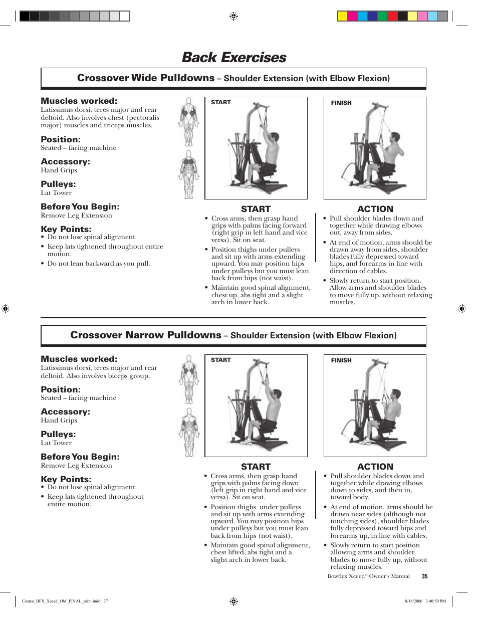 Back exercises, Crossover wide pulldowns, Crossover narrow pulldowns | Bowflex Xceed User Manual | Page 37 / 84
