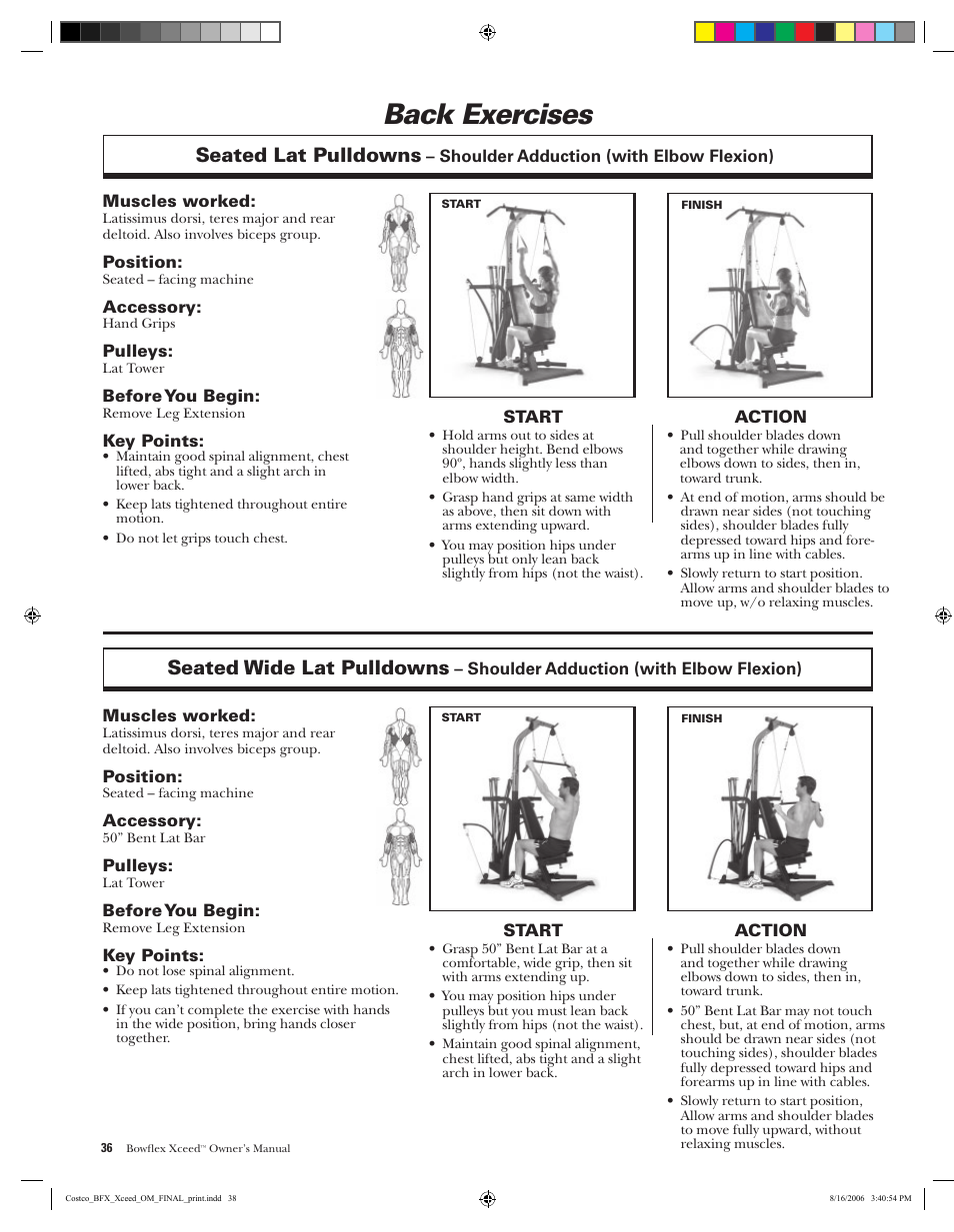Back exercises, Seated lat pulldowns, Seated wide lat pulldowns | Bowflex Xceed User Manual | Page 38 / 84