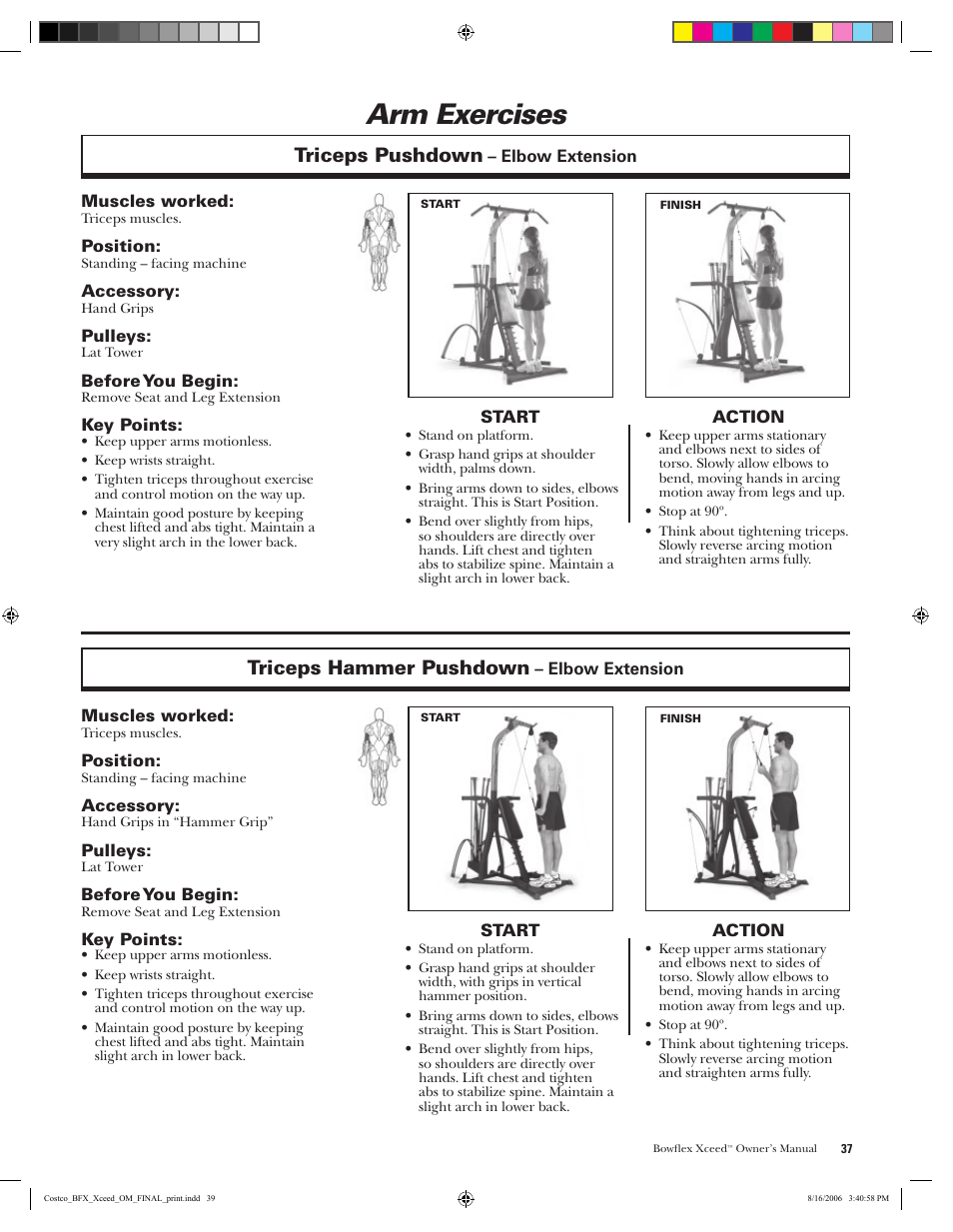 Arm exercises, Triceps pushdown, Triceps hammer pushdown | Bowflex Xceed User Manual | Page 39 / 84