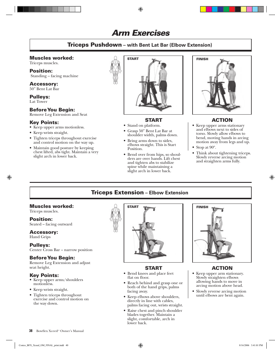 Arm exercises, Triceps pushdown, Triceps extension | Bowflex Xceed User Manual | Page 40 / 84