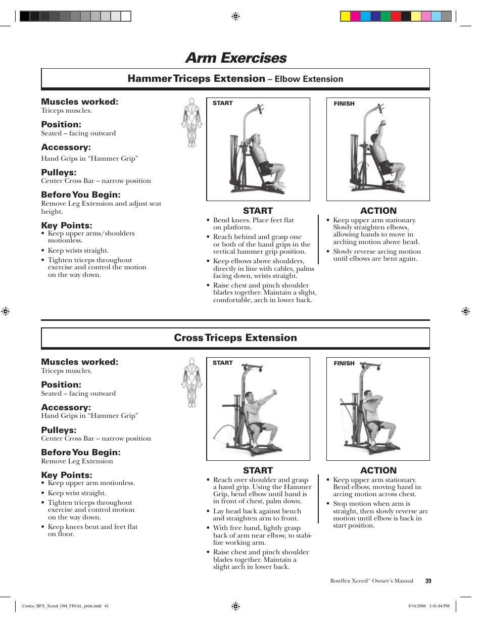 Arm exercises, Hammer triceps extension, Cross triceps extension | Bowflex Xceed User Manual | Page 41 / 84