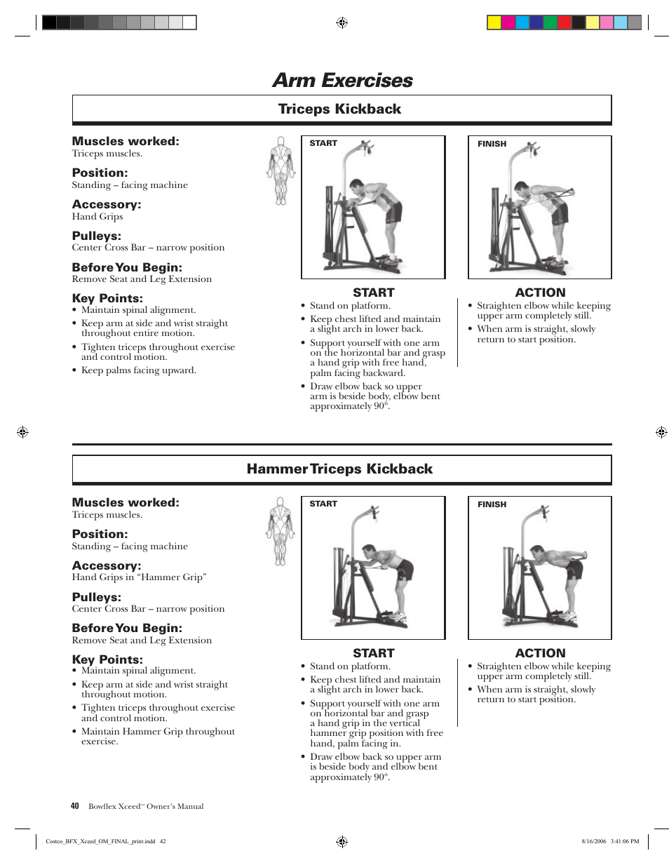 Arm exercises, Triceps kickback, Hammer triceps kickback | Bowflex Xceed User Manual | Page 42 / 84