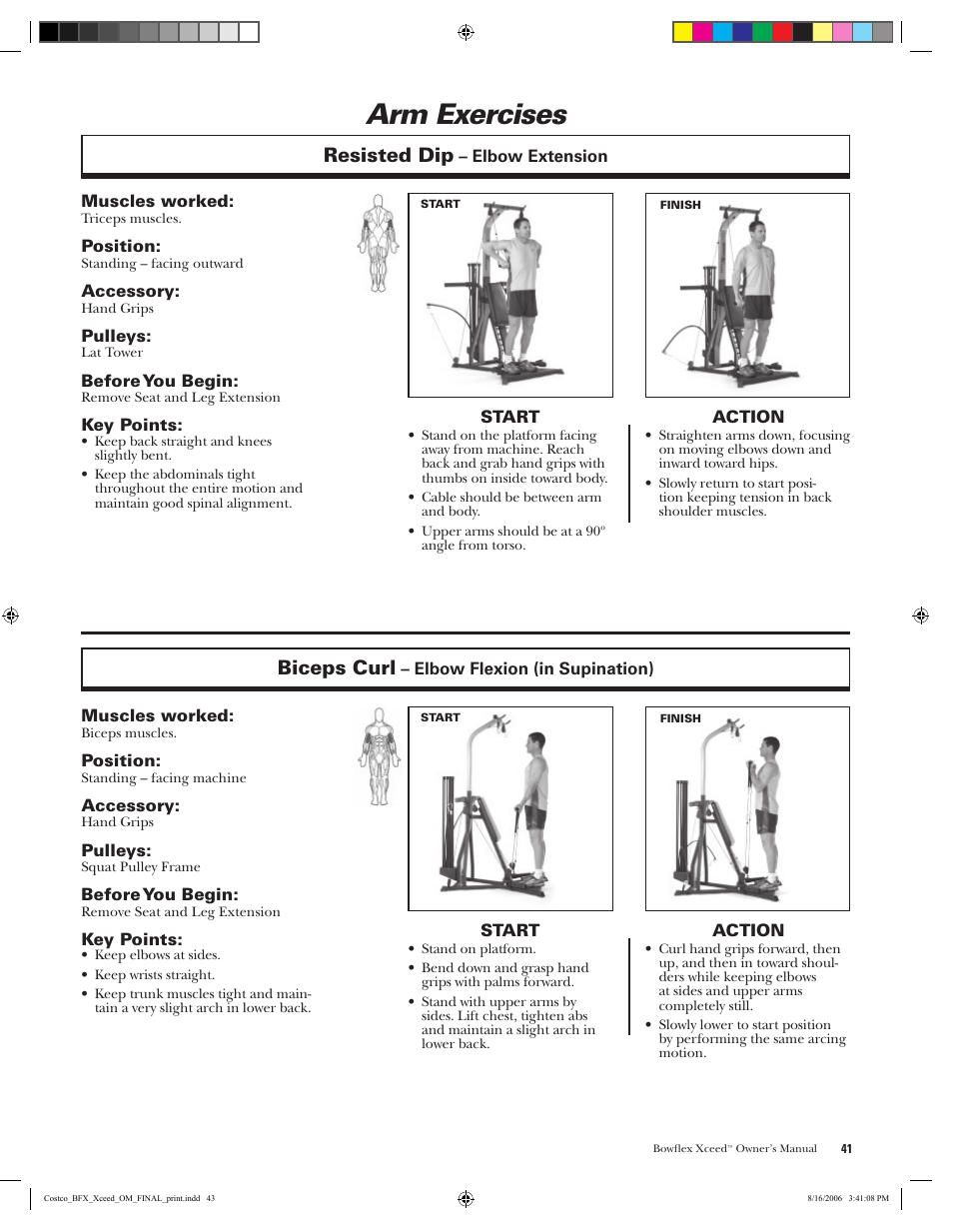 Arm exercises, Resisted dip, Biceps curl | Bowflex Xceed User Manual | Page 43 / 84