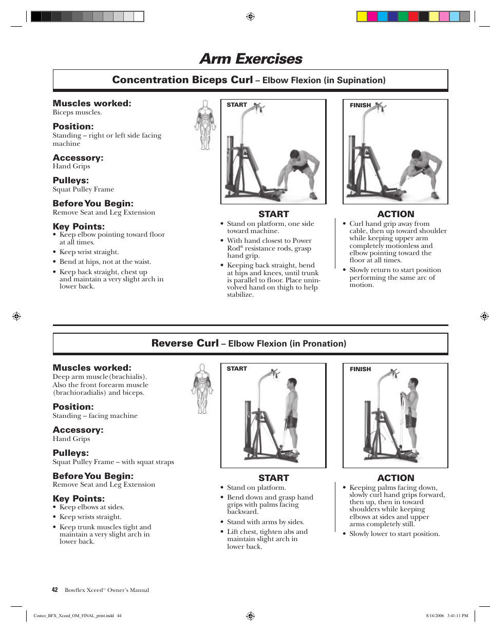 Arm exercises, Concentration biceps curl, Reverse curl | Bowflex Xceed User Manual | Page 44 / 84