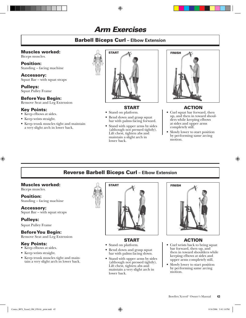 Arm exercises, Barbell biceps curl, Reverse barbell biceps curl | Bowflex Xceed User Manual | Page 45 / 84