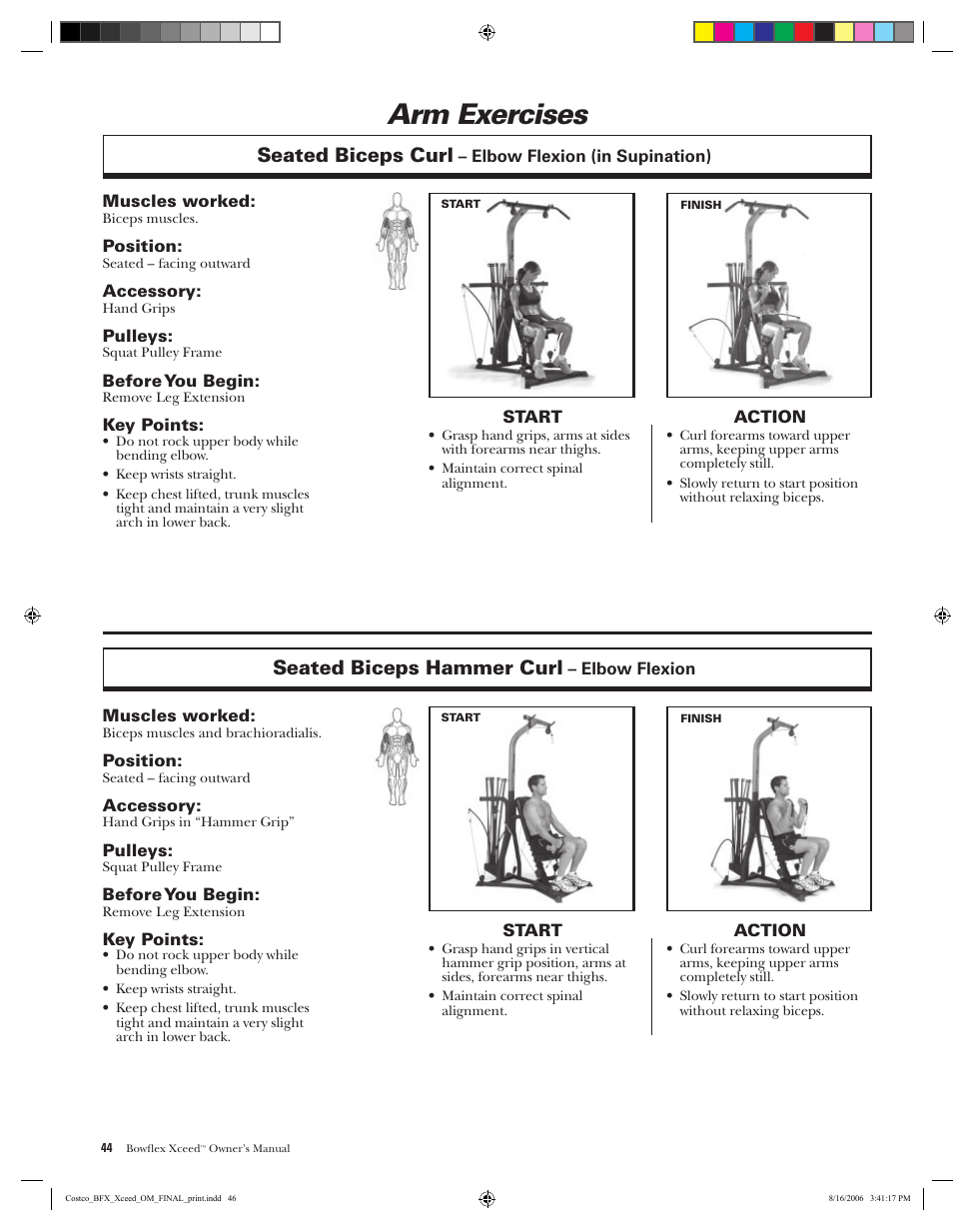 Arm exercises, Seated biceps curl, Seated biceps hammer curl | Bowflex Xceed User Manual | Page 46 / 84