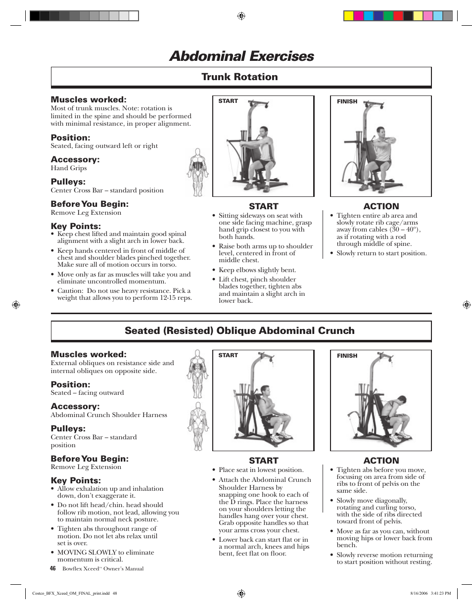 Abdominal exercises, Trunk rotation, Seated (resisted) oblique abdominal crunch | Bowflex Xceed User Manual | Page 48 / 84