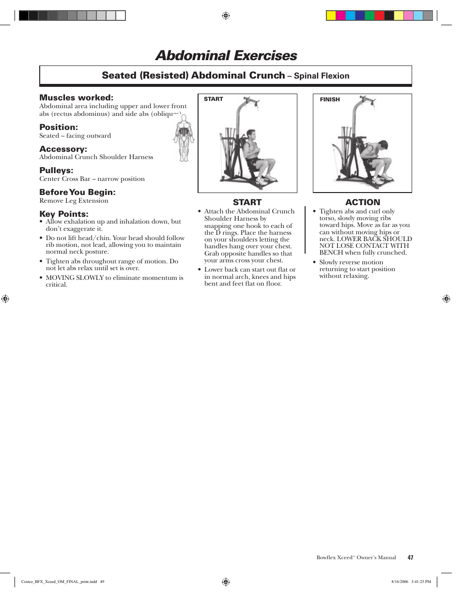 Abdominal exercises, Seated (resisted) abdominal crunch | Bowflex Xceed User Manual | Page 49 / 84