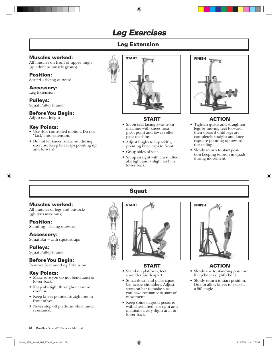 Leg exercises, Leg extension, Squat | Bowflex Xceed User Manual | Page 50 / 84