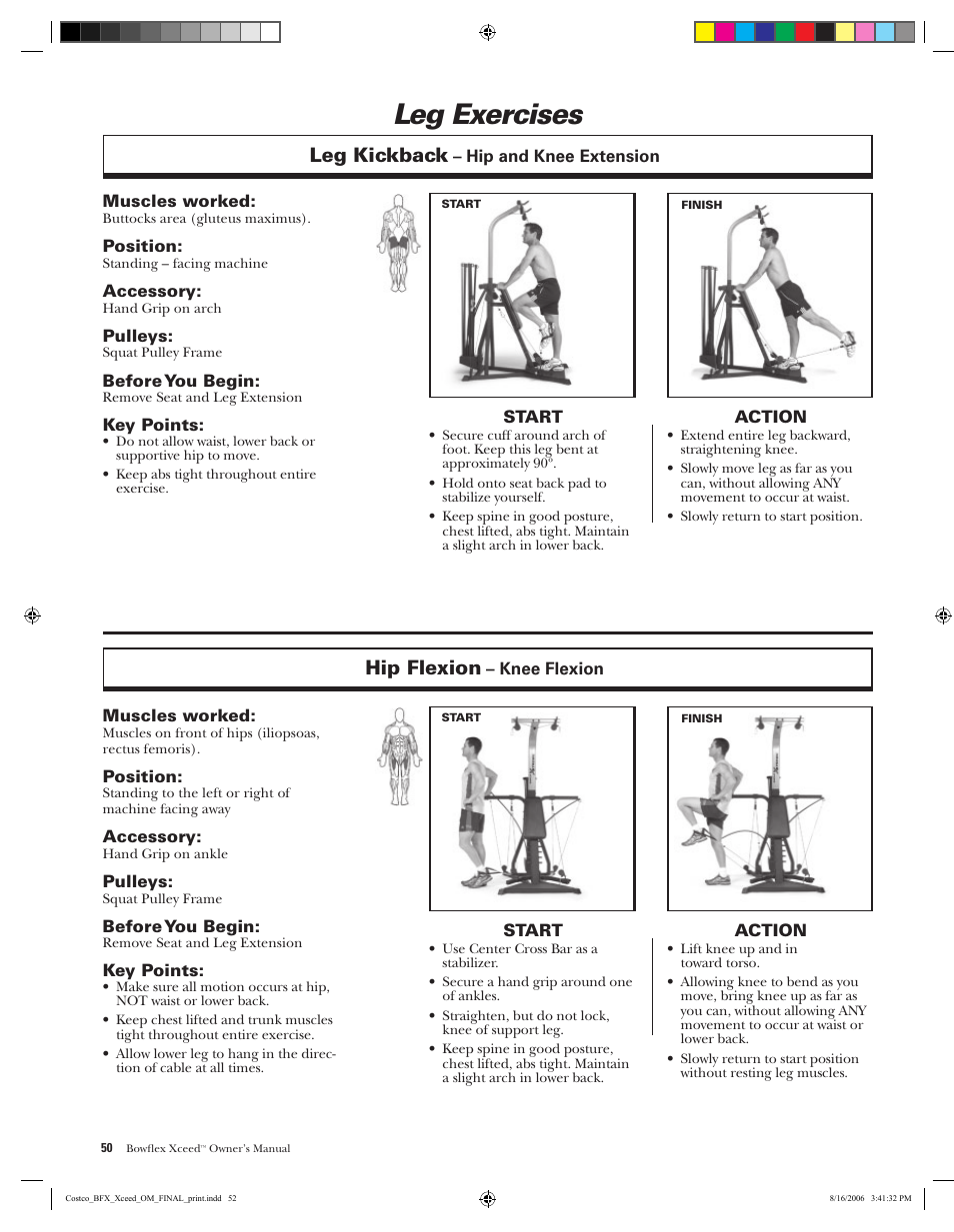 Leg exercises, Leg kickback, Hip flexion | Bowflex Xceed User Manual | Page 52 / 84