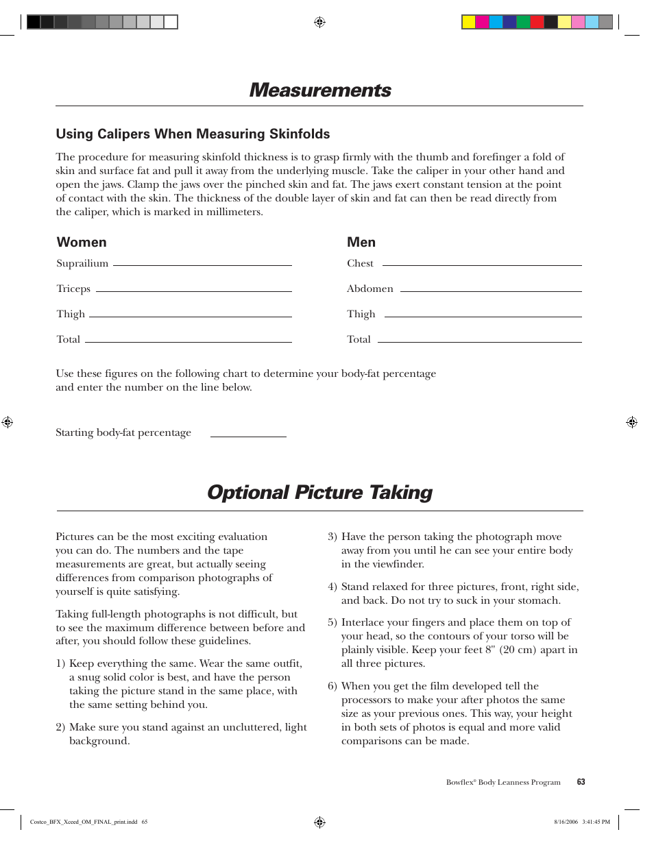 Optional picture taking, Measurements | Bowflex Xceed User Manual | Page 65 / 84