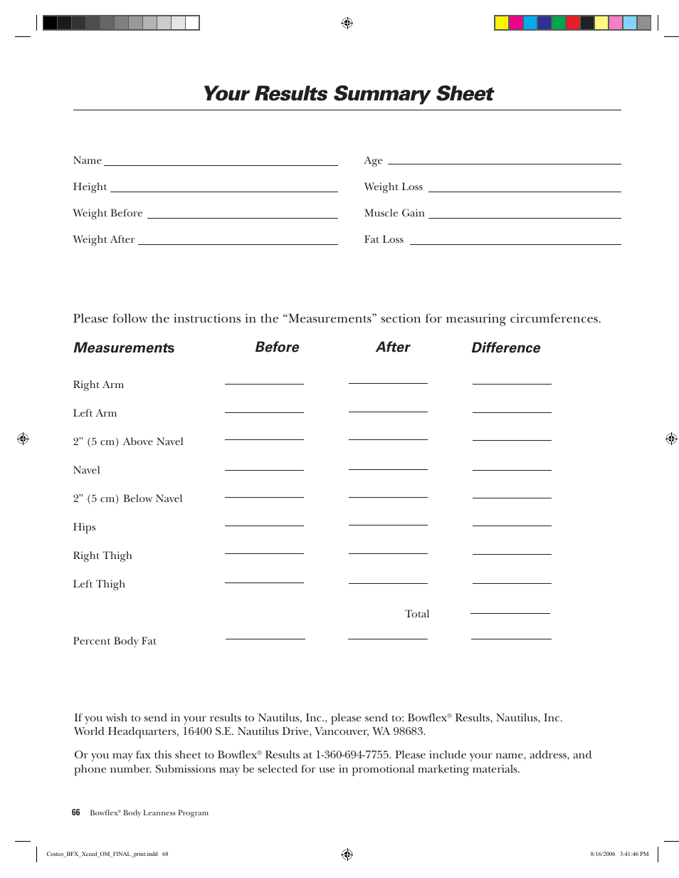 Your results summary sheet, Measurement s, Before after | Difference | Bowflex Xceed User Manual | Page 68 / 84