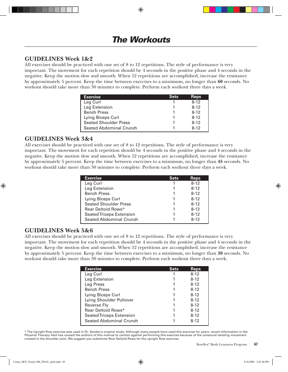 The workouts, Guidelines week 1&2, Guidelines week 3&4 | Guidelines week 5&6 | Bowflex Xceed User Manual | Page 69 / 84