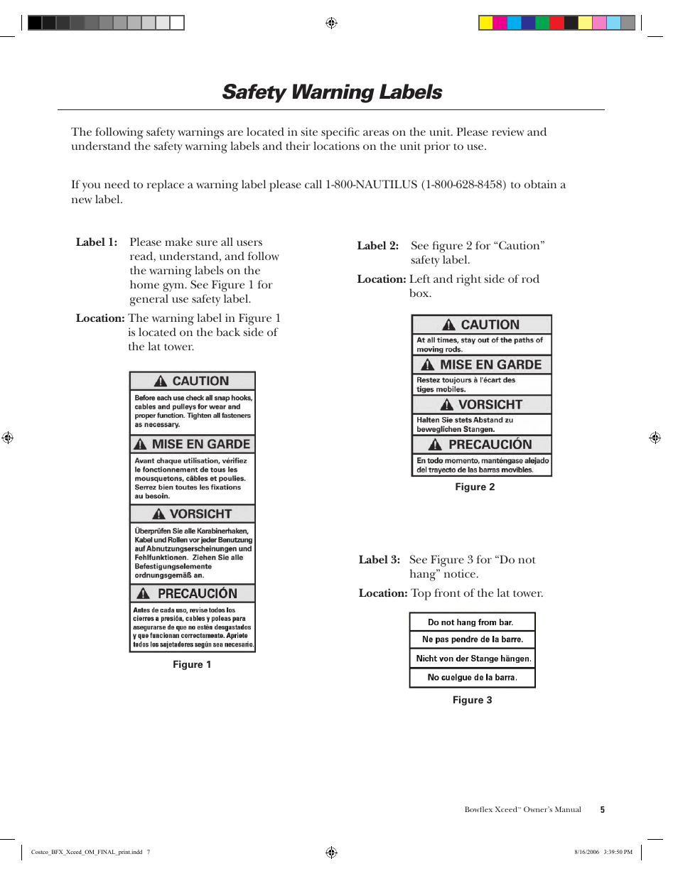 Safety warning labels | Bowflex Xceed User Manual | Page 7 / 84