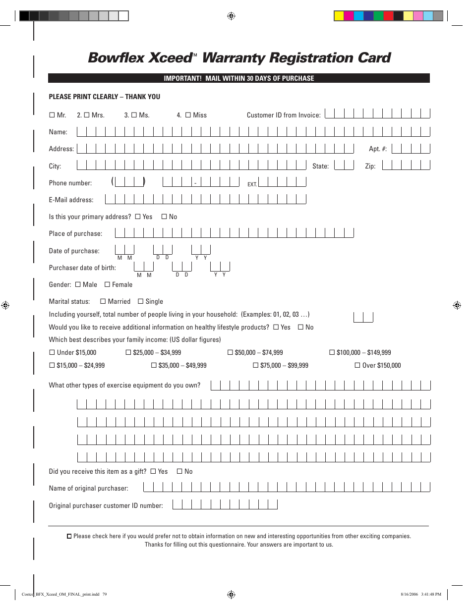 Bowflex xceed, Warranty registration card | Bowflex Xceed User Manual | Page 79 / 84