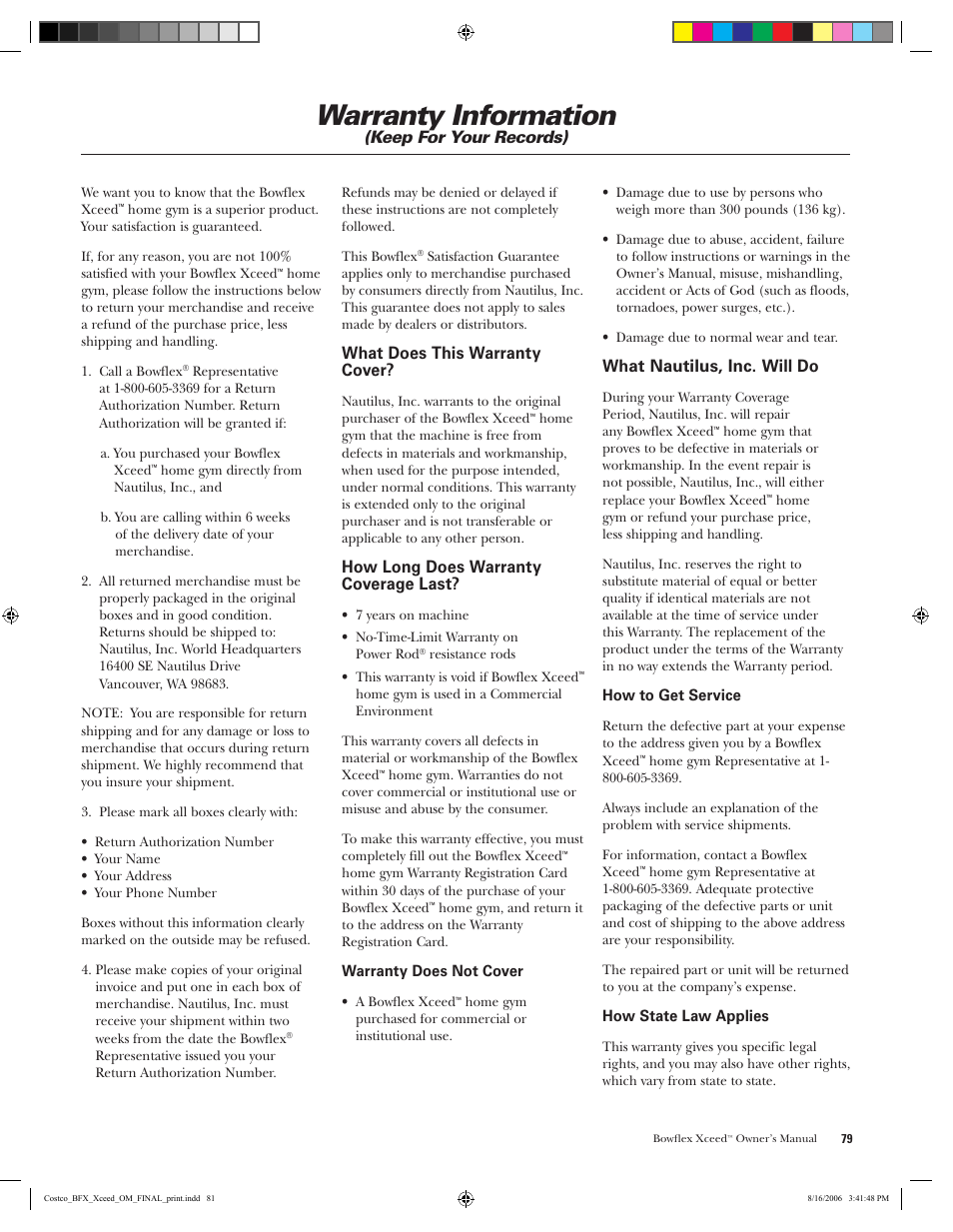 Warranty information, Keep for your records), What does this warranty cover | How long does warranty coverage last, What nautilus, inc. will do | Bowflex Xceed User Manual | Page 81 / 84