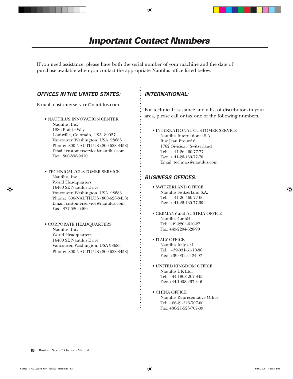 Important contact numbers | Bowflex Xceed User Manual | Page 82 / 84