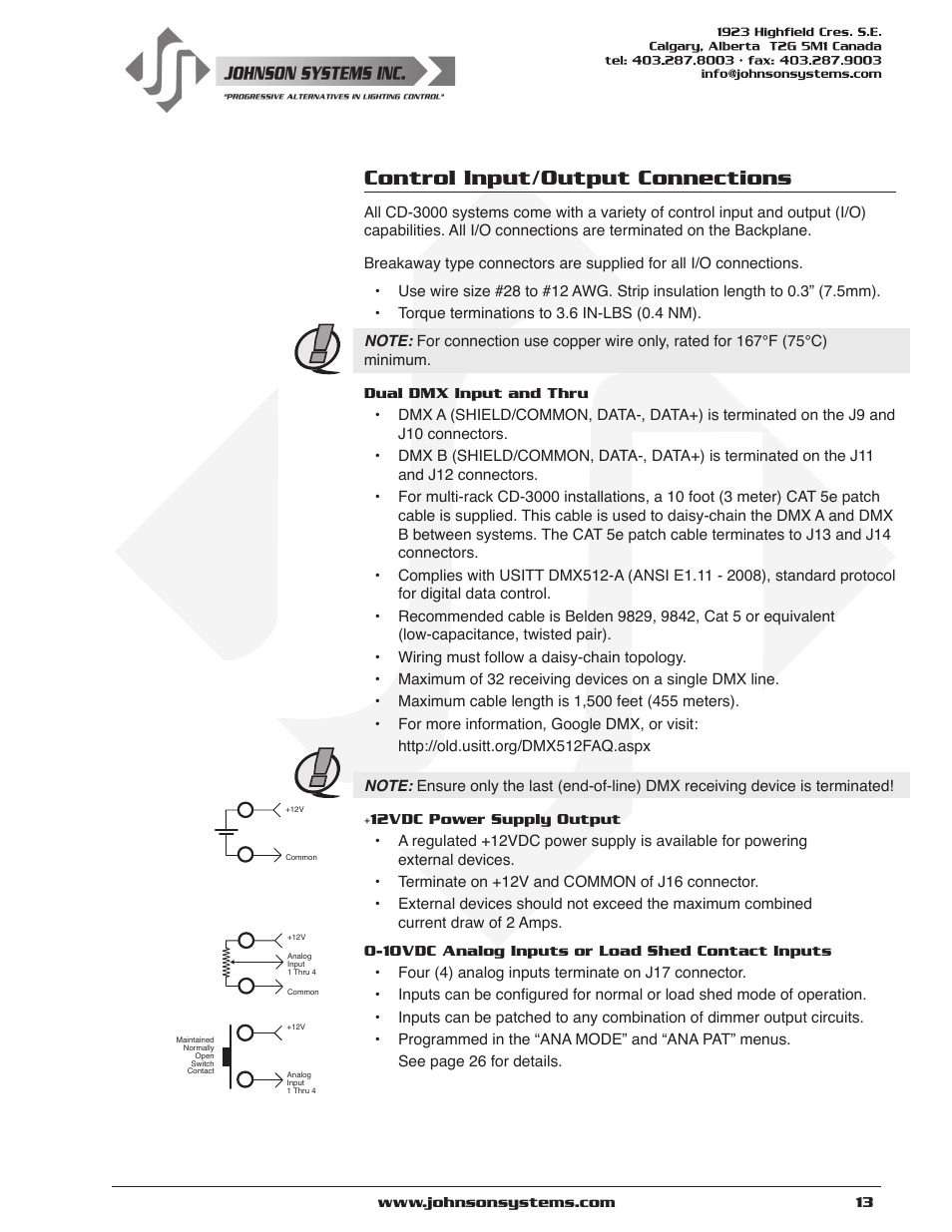 Control input/output connections | Johnson Systems CD-3000 Series Retrofit Control System User Manual | Page 13 / 38
