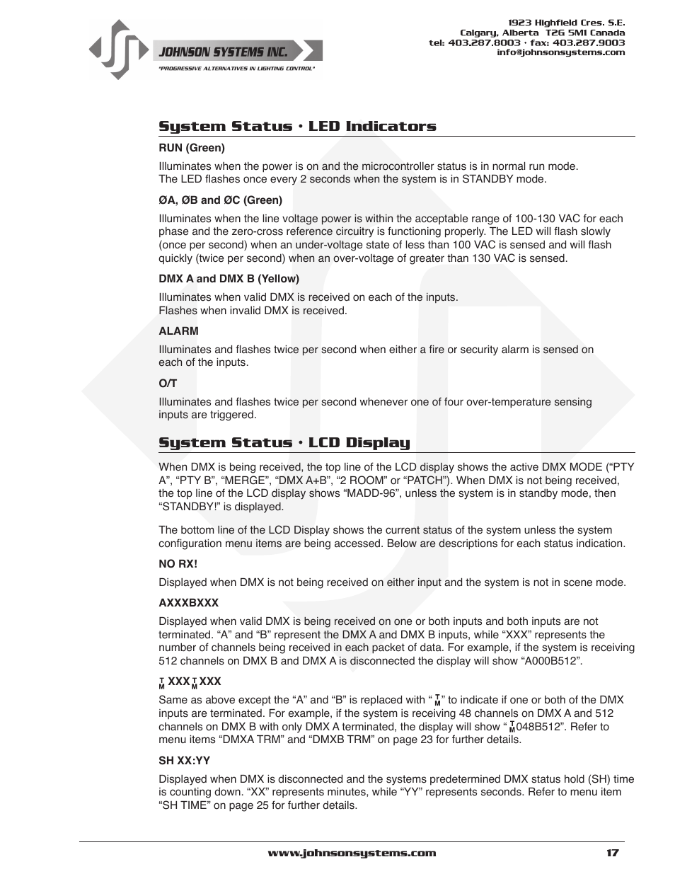 System status • led indicators, System status • lcd display | Johnson Systems CD-3000 Series Retrofit Control System User Manual | Page 17 / 38