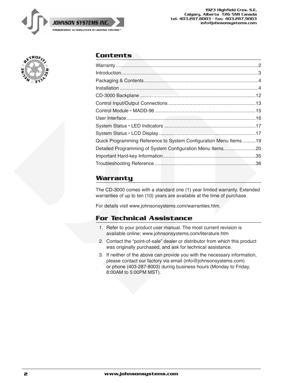 Johnson Systems CD-3000 Series Retrofit Control System User Manual | Page 2 / 38