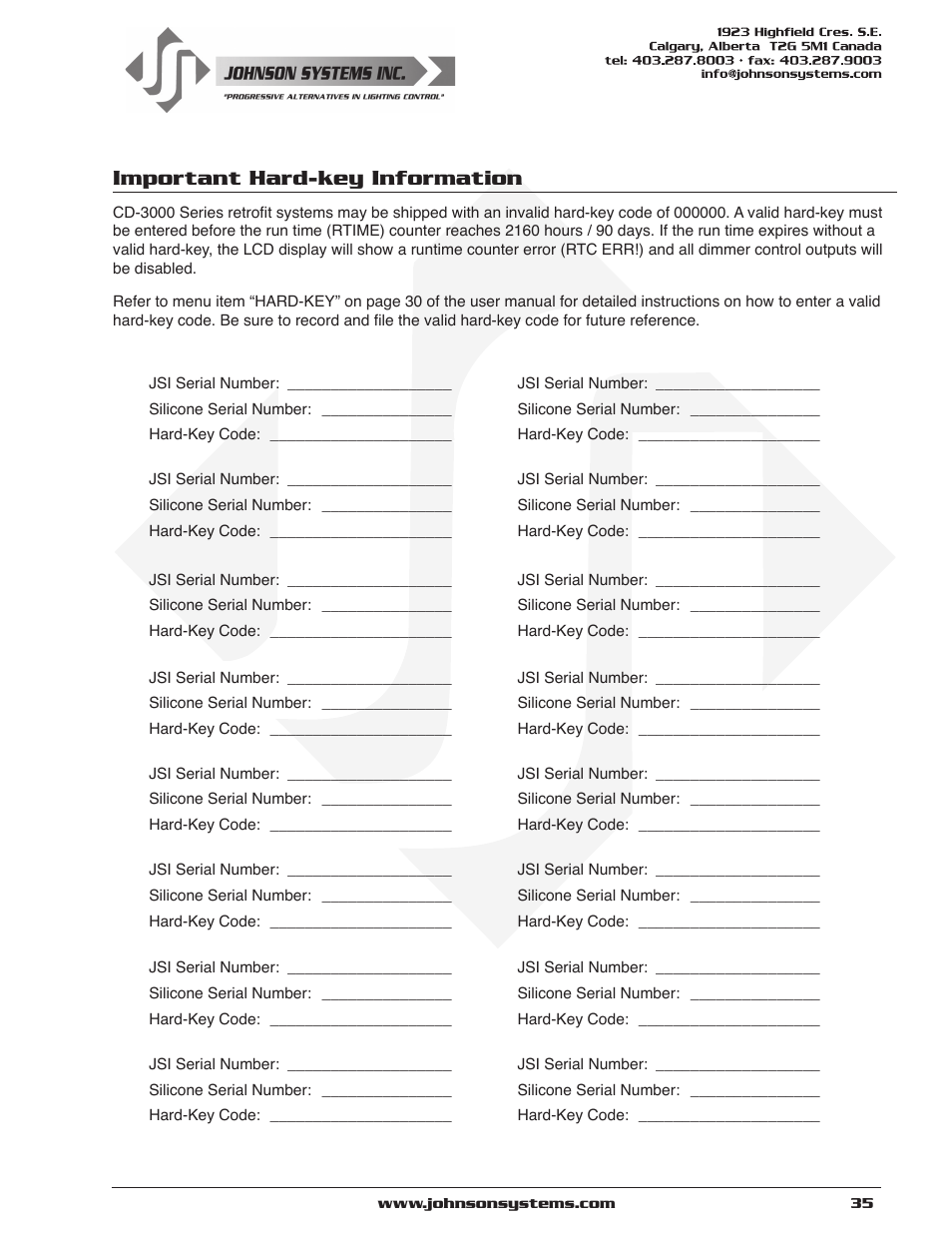 Important hard-key information | Johnson Systems CD-3000 Series Retrofit Control System User Manual | Page 35 / 38