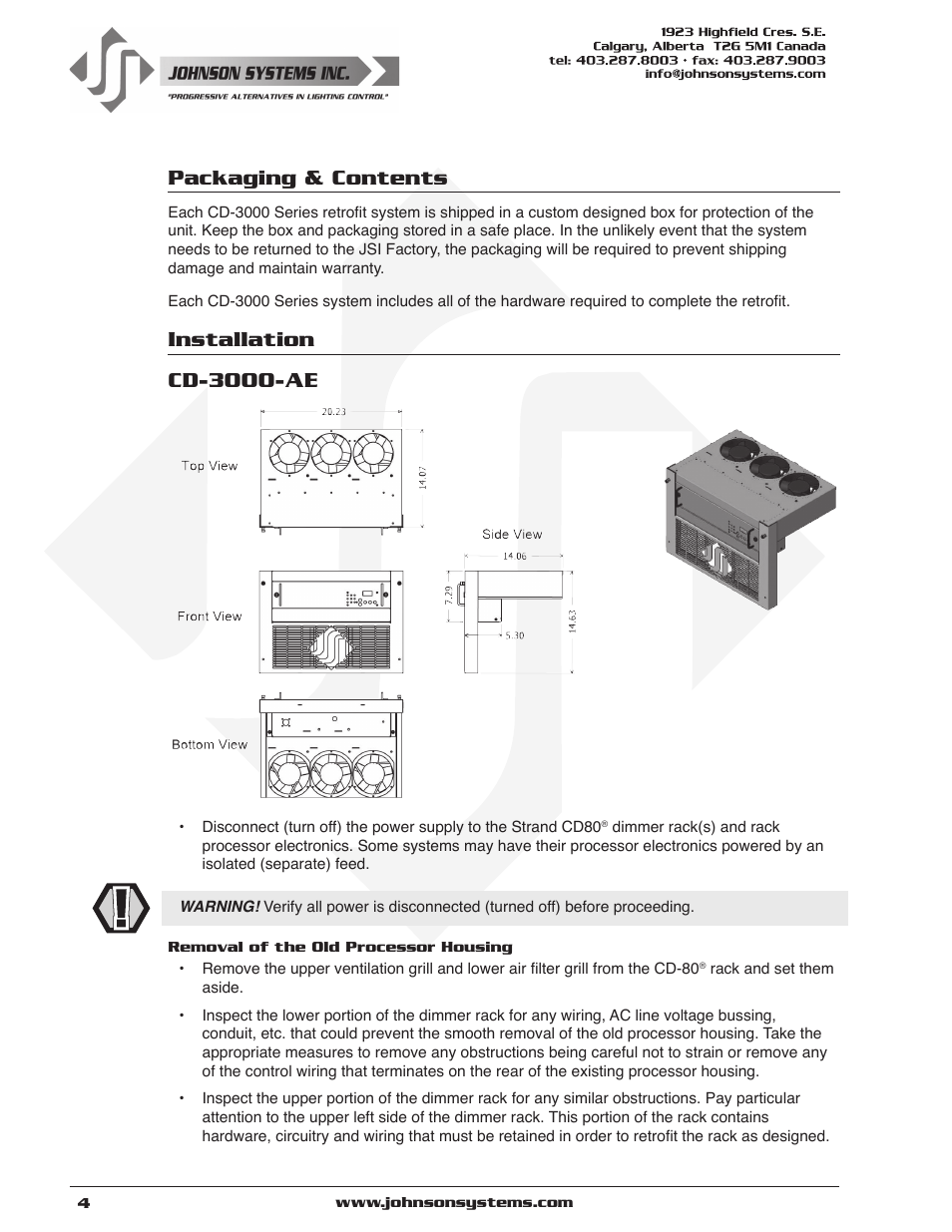 Packaging & contents, Installation, Packaging & contents installation | Installation cd-3000-ae | Johnson Systems CD-3000 Series Retrofit Control System User Manual | Page 4 / 38