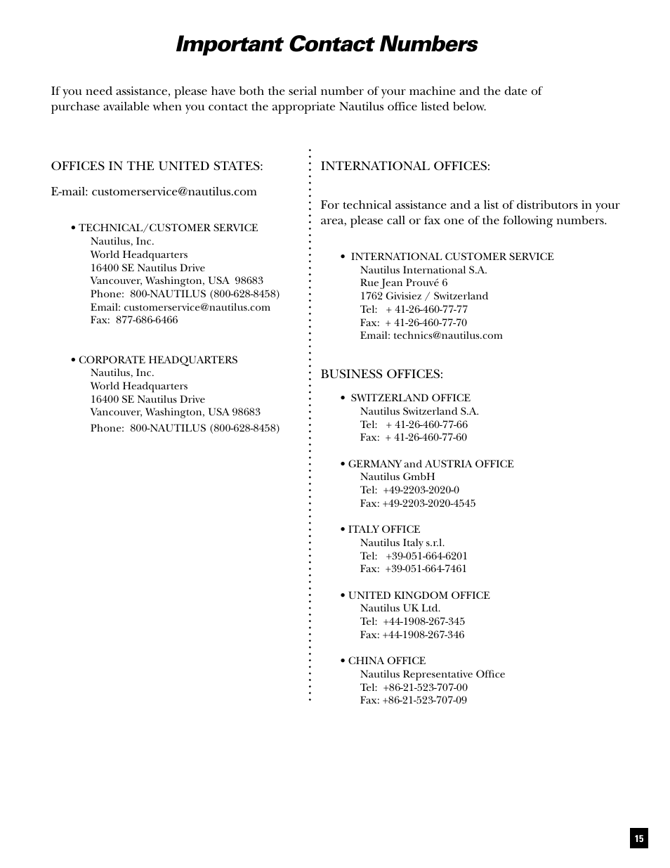 Important contact numbers | Bowflex Conquest Home Gym User Manual | Page 15 / 16