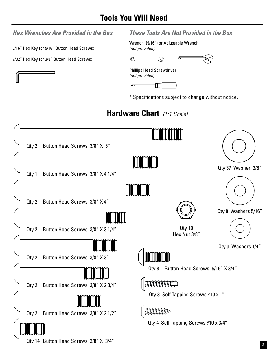 Tools you will need hardware chart | Bowflex Conquest Home Gym User Manual | Page 3 / 16