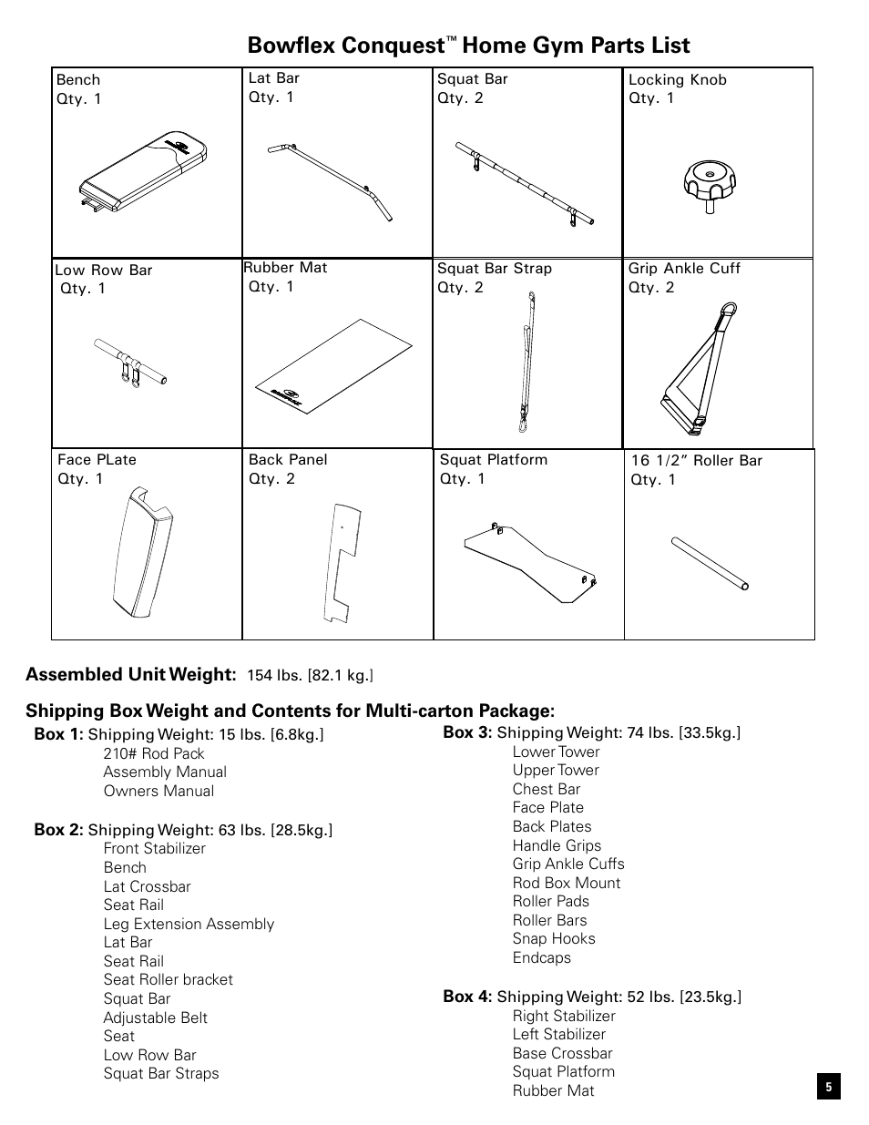Bowflex conquest, Home gym parts list | Bowflex Conquest Home Gym User Manual | Page 5 / 16