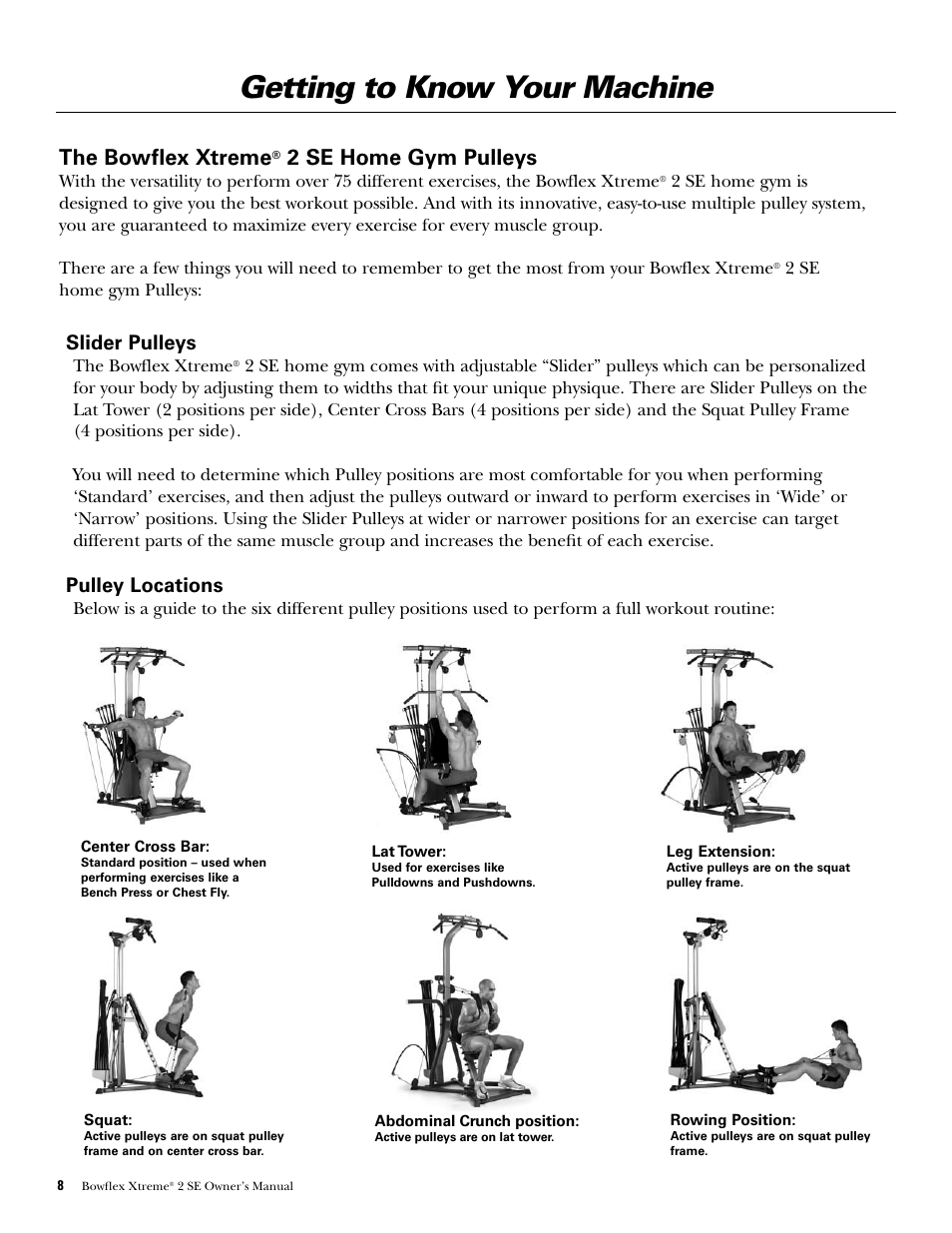 Getting to know your machine, The bowflex xtreme, 2 se home gym pulleys | Slider pulleys, Pulley locations | Bowflex Xtreme 2 SE User Manual | Page 10 / 92