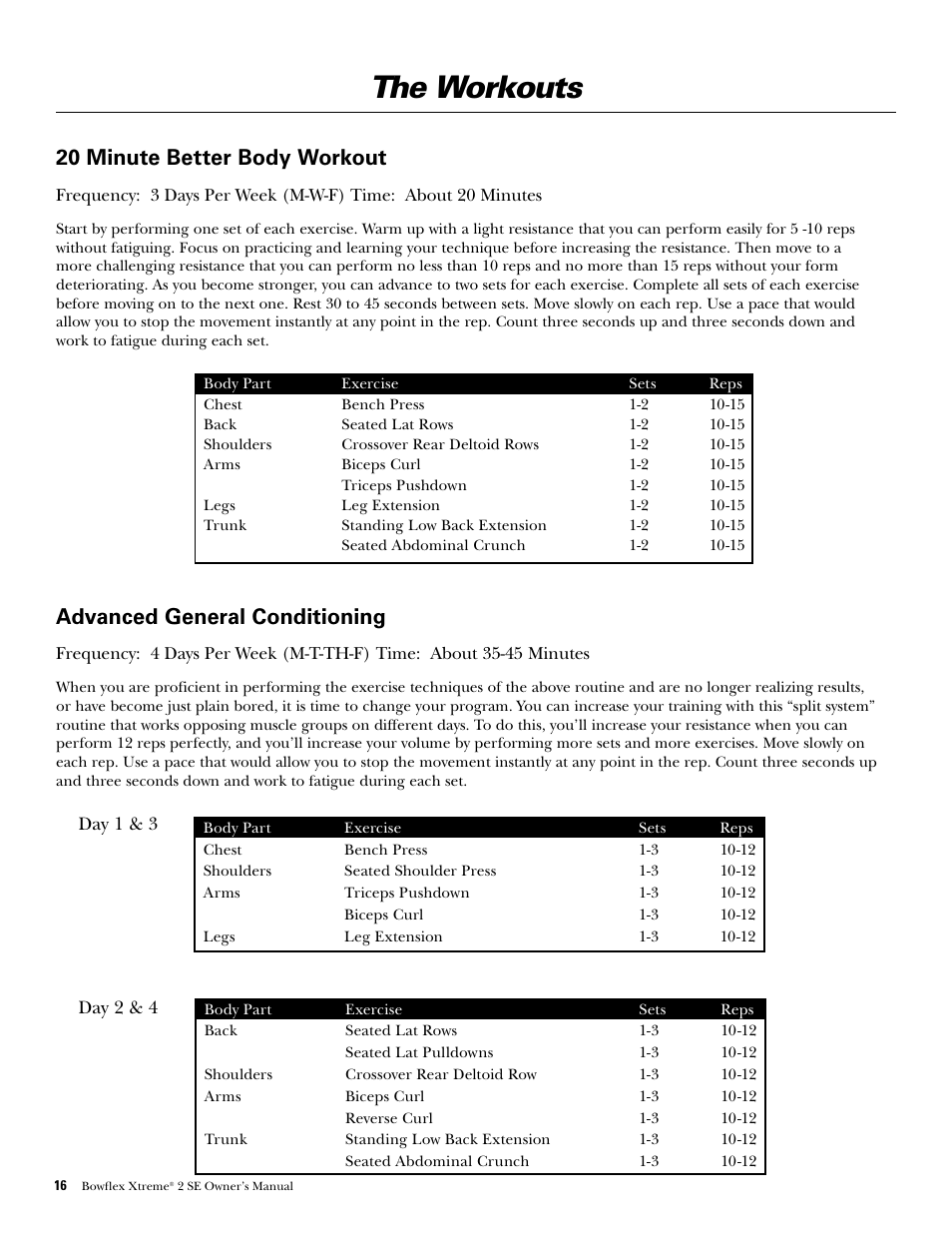 The workouts, 20 minute better body workout, Advanced general conditioning | Bowflex Xtreme 2 SE User Manual | Page 18 / 92
