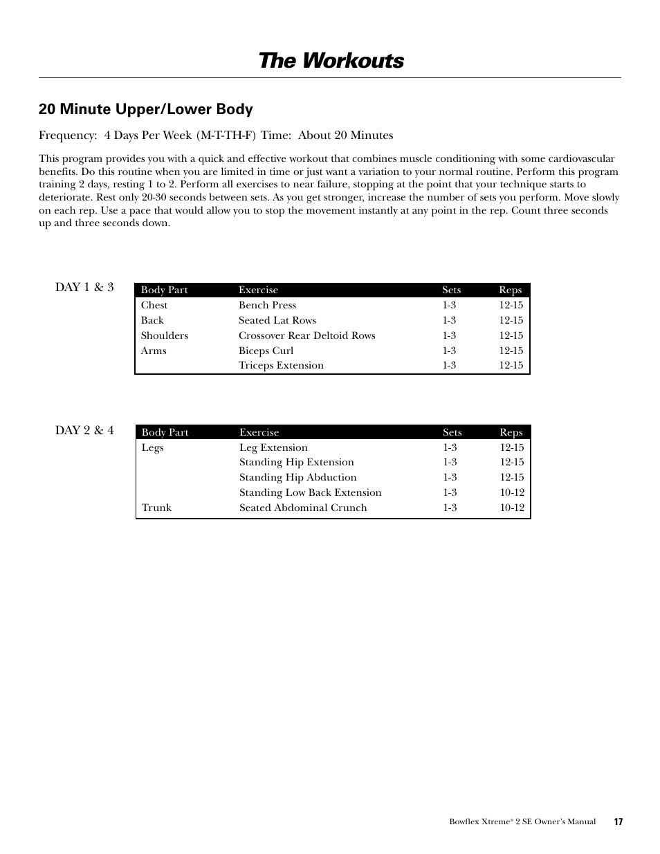 The workouts, 20 minute upper/lower body | Bowflex Xtreme 2 SE User Manual | Page 19 / 92