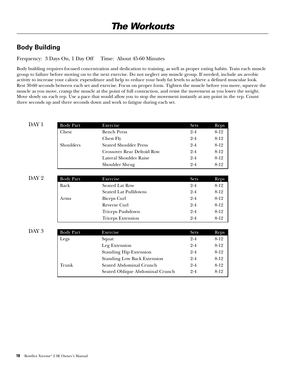 The workouts, Body building | Bowflex Xtreme 2 SE User Manual | Page 20 / 92
