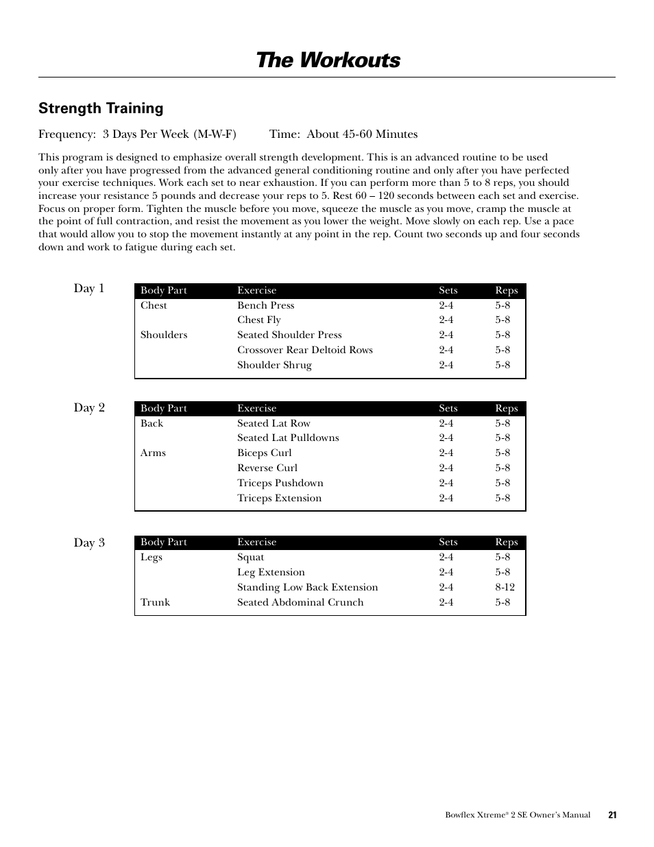 The workouts, Strength training | Bowflex Xtreme 2 SE User Manual | Page 23 / 92