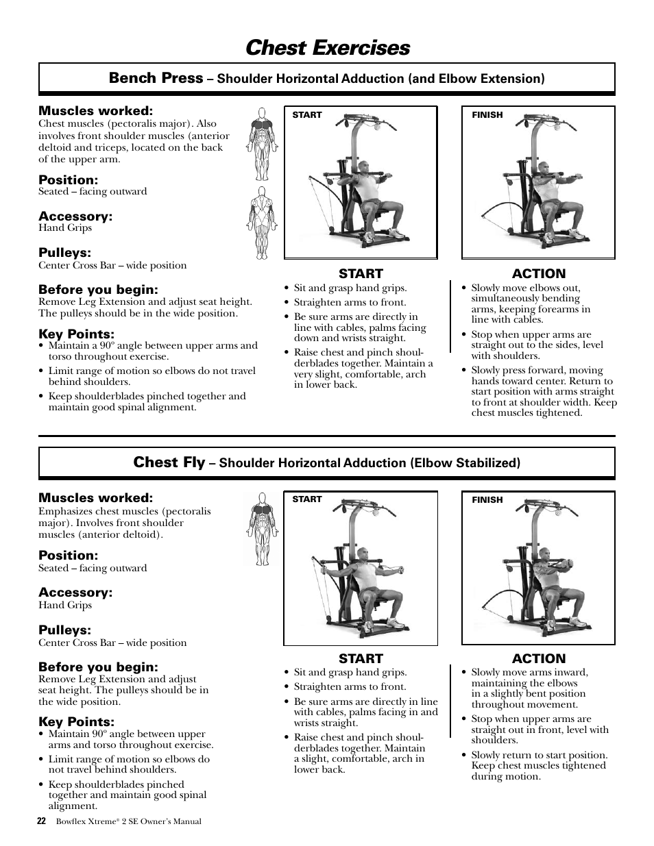 Chest exercises, Bench press, Chest fly | Bowflex Xtreme 2 SE User Manual | Page 24 / 92