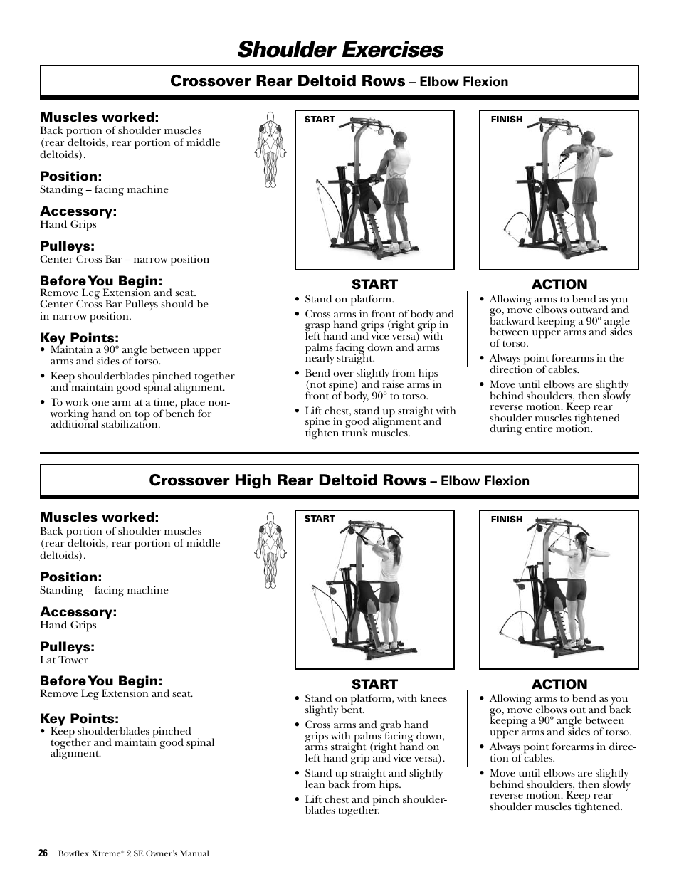 Shoulder exercises, Crossover rear deltoid rows, Crossover high rear deltoid rows | Bowflex Xtreme 2 SE User Manual | Page 28 / 92