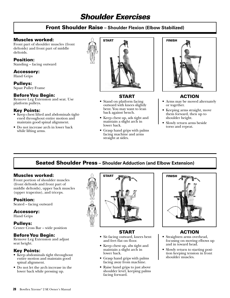 Shoulder exercises, Front shoulder raise, Seated shoulder press | Bowflex Xtreme 2 SE User Manual | Page 30 / 92