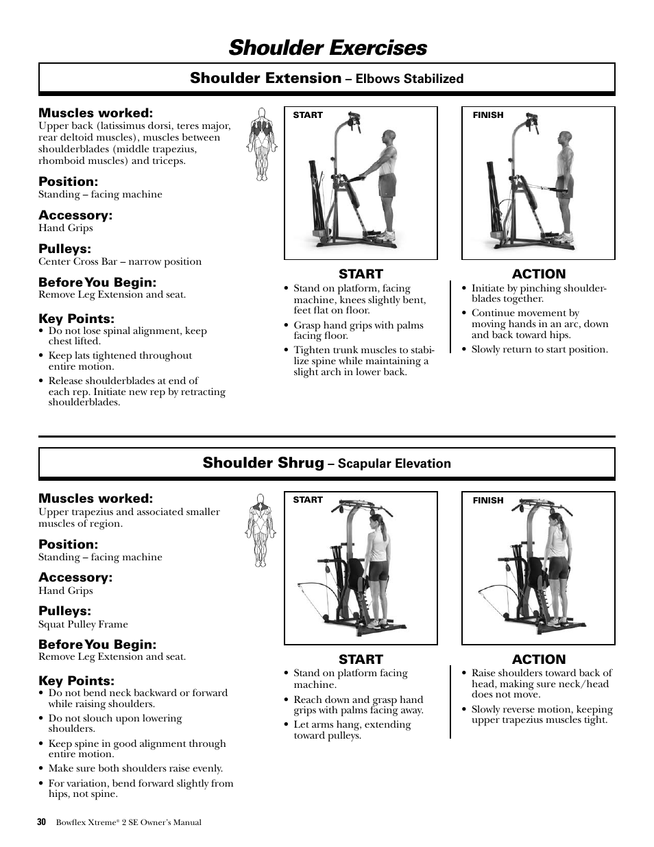 Shoulder exercises, Shoulder extension, Shoulder shrug | Bowflex Xtreme 2 SE User Manual | Page 32 / 92