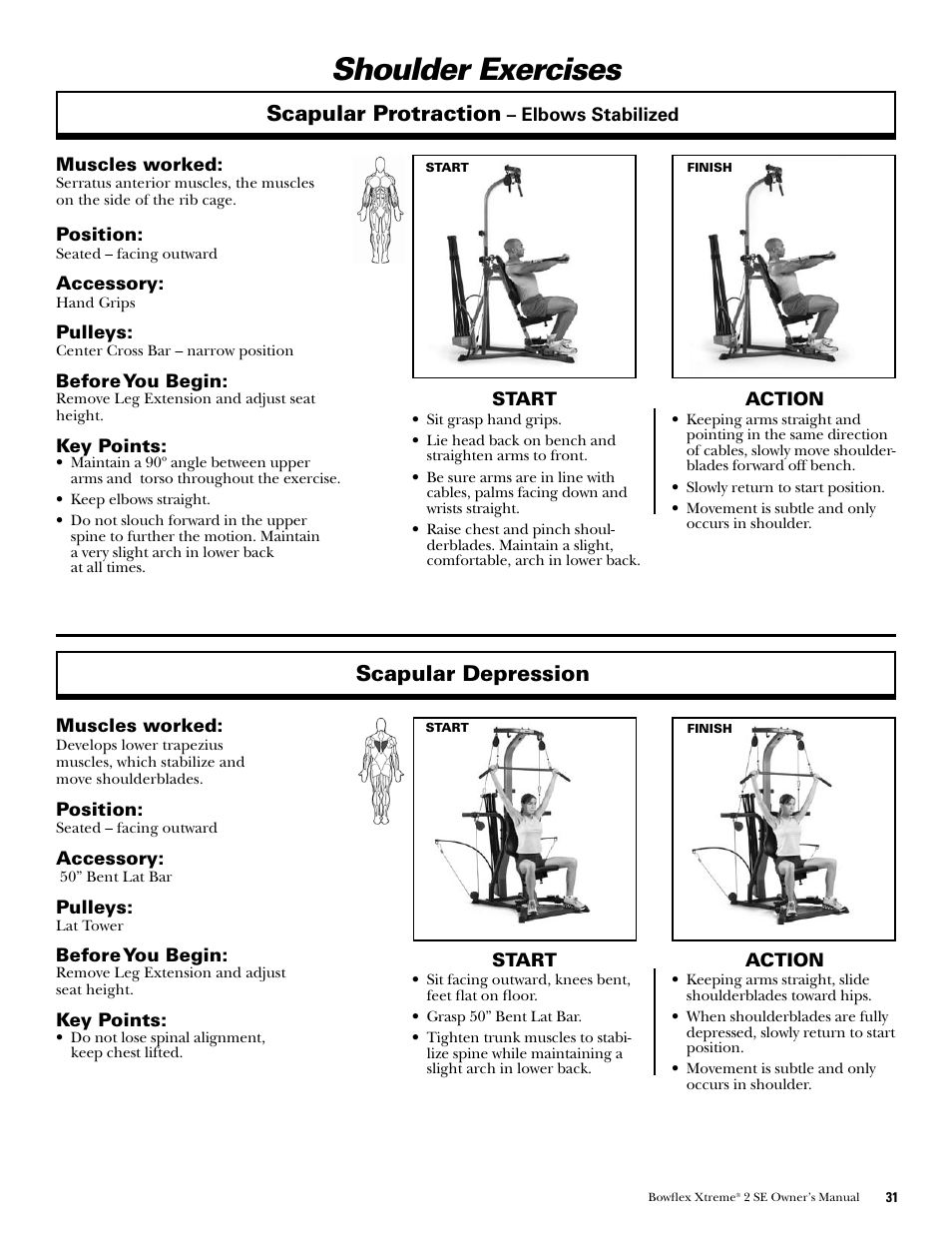 Shoulder exercises, Scapular protraction, Scapular depression | Bowflex Xtreme 2 SE User Manual | Page 33 / 92