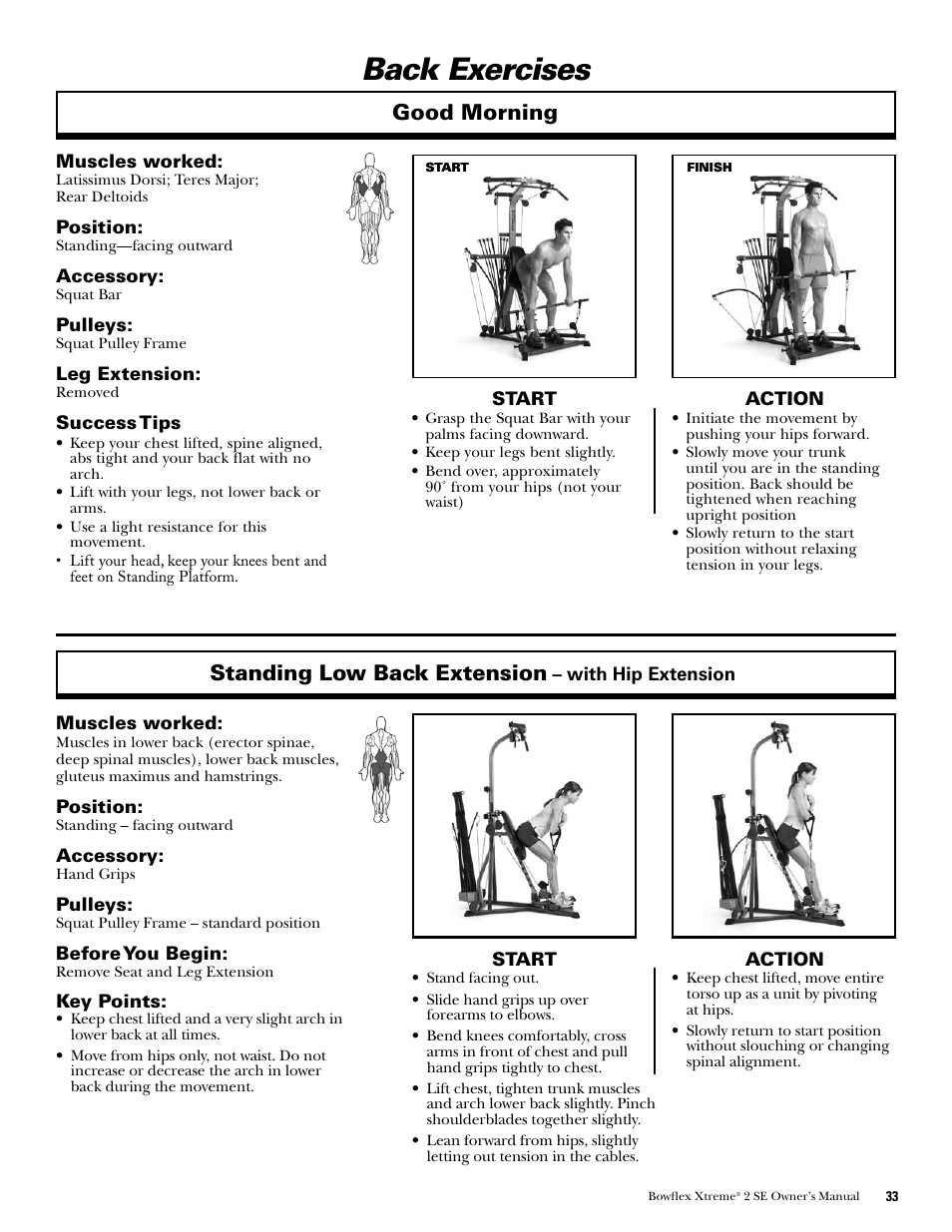 Back exercises, Standing low back extension, Good morning | Bowflex Xtreme 2 SE User Manual | Page 35 / 92