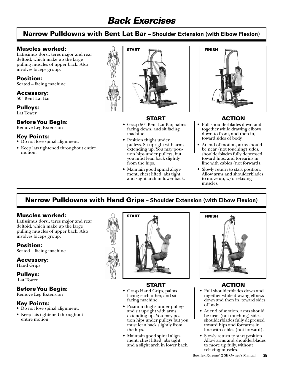 Back exercises, Narrow pulldowns with bent lat bar, Narrow pulldowns with hand grips | Bowflex Xtreme 2 SE User Manual | Page 37 / 92