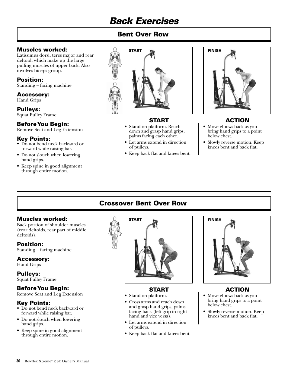 Back exercises, Bent over row, Crossover bent over row | Bowflex Xtreme 2 SE User Manual | Page 38 / 92