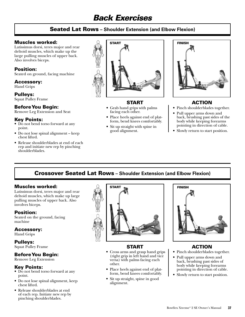 Back exercises, Seated lat rows, Crossover seated lat rows | Bowflex Xtreme 2 SE User Manual | Page 39 / 92