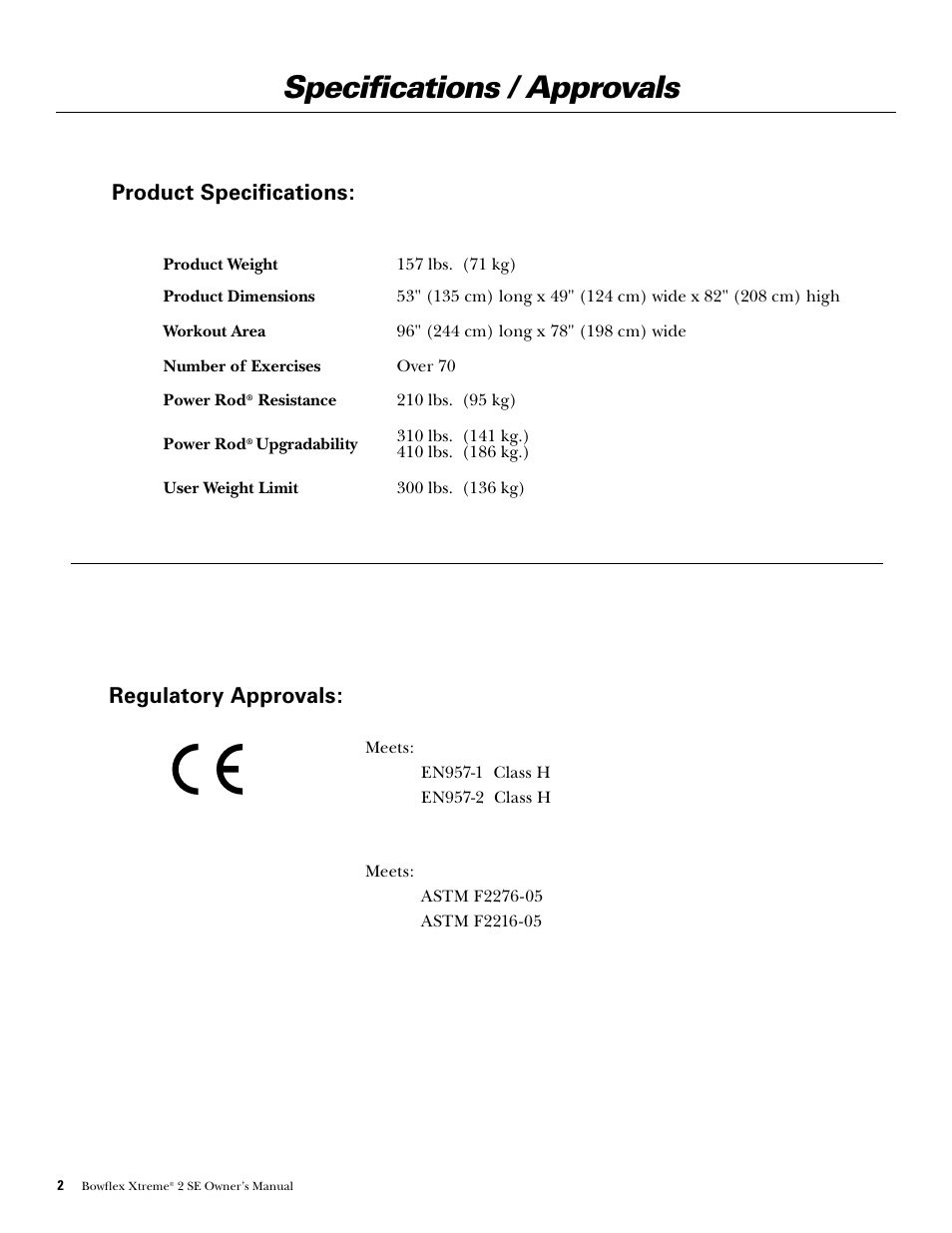 Specifications / approvals, Regulatory approvals, Product specifications | Bowflex Xtreme 2 SE User Manual | Page 4 / 92