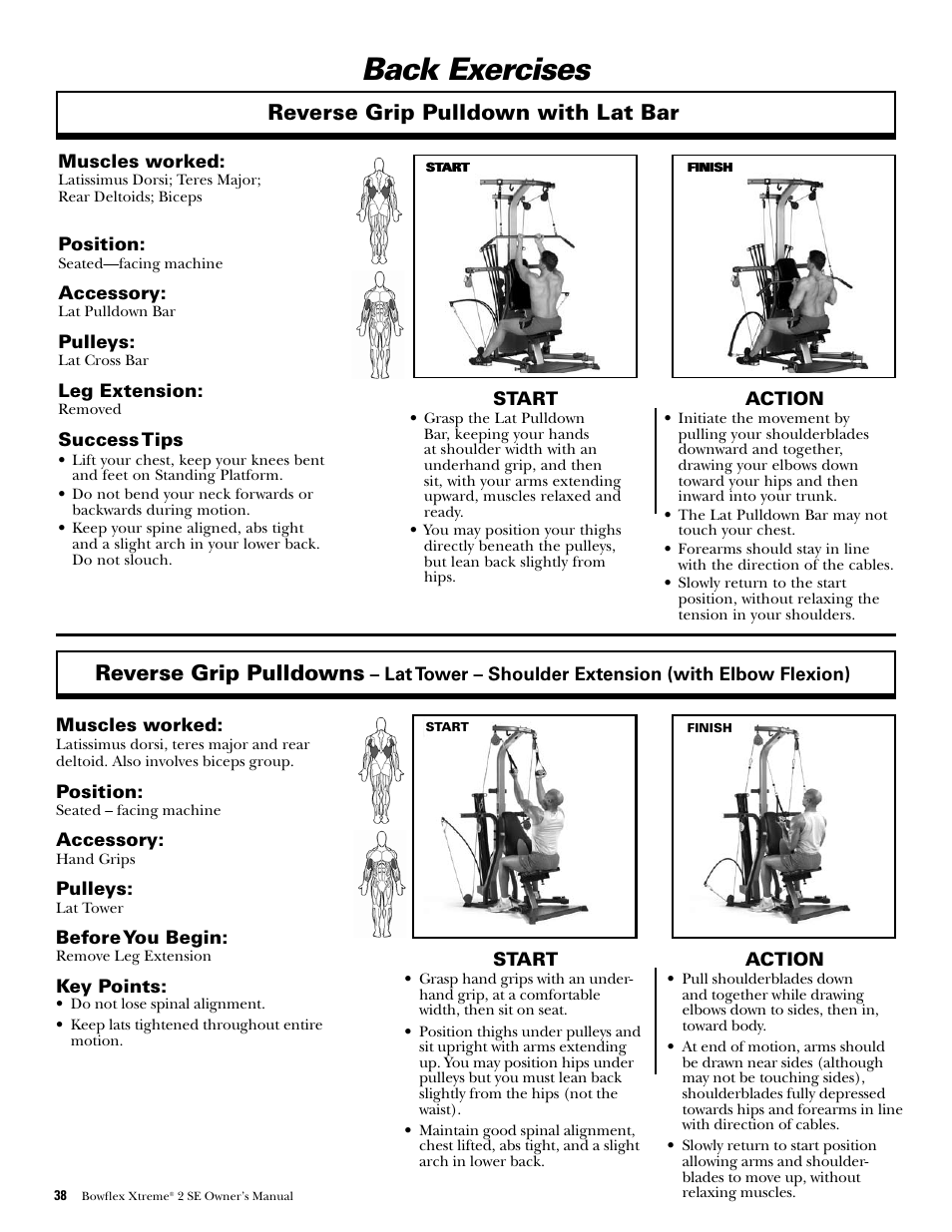 Back exercises, Reverse grip pulldowns, Reverse grip pulldown with lat bar | Bowflex Xtreme 2 SE User Manual | Page 40 / 92